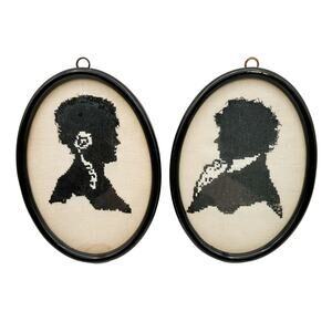 Antique Silhouette Oval Needlepoint Side Profile Portraits Regency Framed Pair